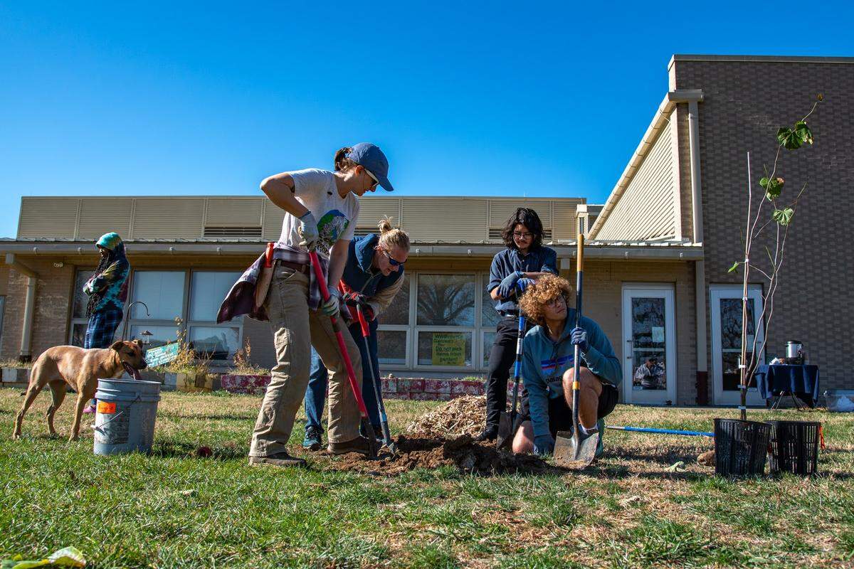 Volunteers with Trees Lexington plant trees around William Wells Brown Elementary. (Photo by Sally Lambert-Warfield)