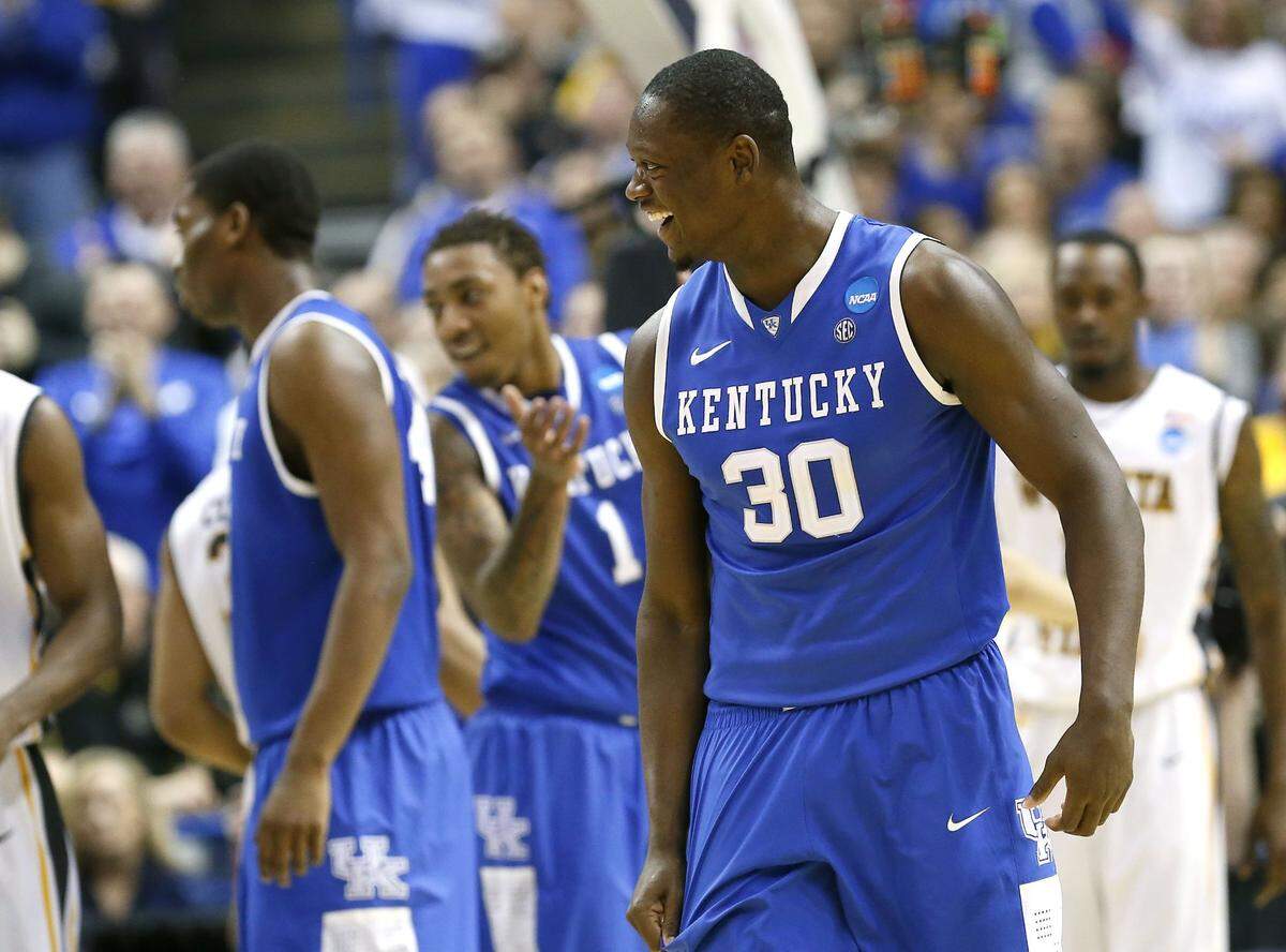 Kentucky forward Julius Randle (30) smiled after a basket late in the second half against Wichita State in an NCAA Tournament game on March 23, 2014. UK won 78-76.