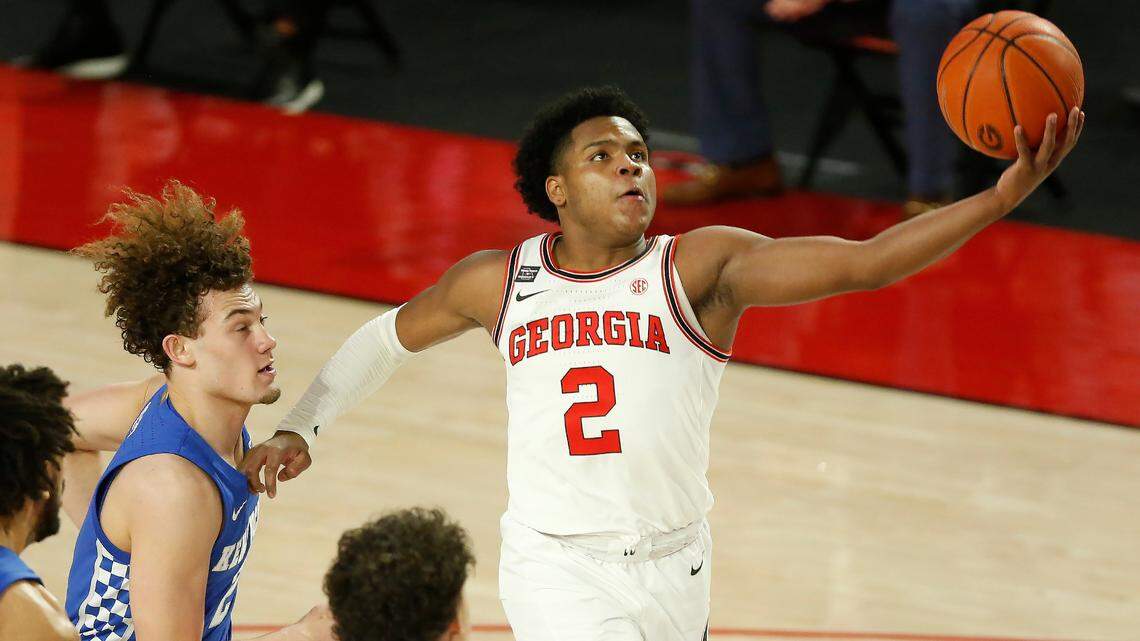 Georgia’s Sahvir Wheeler (2) shoots against Kentucky during an NCAA college basketball game Wednesday, Jan. 20, 2021, in Athens, Ga.