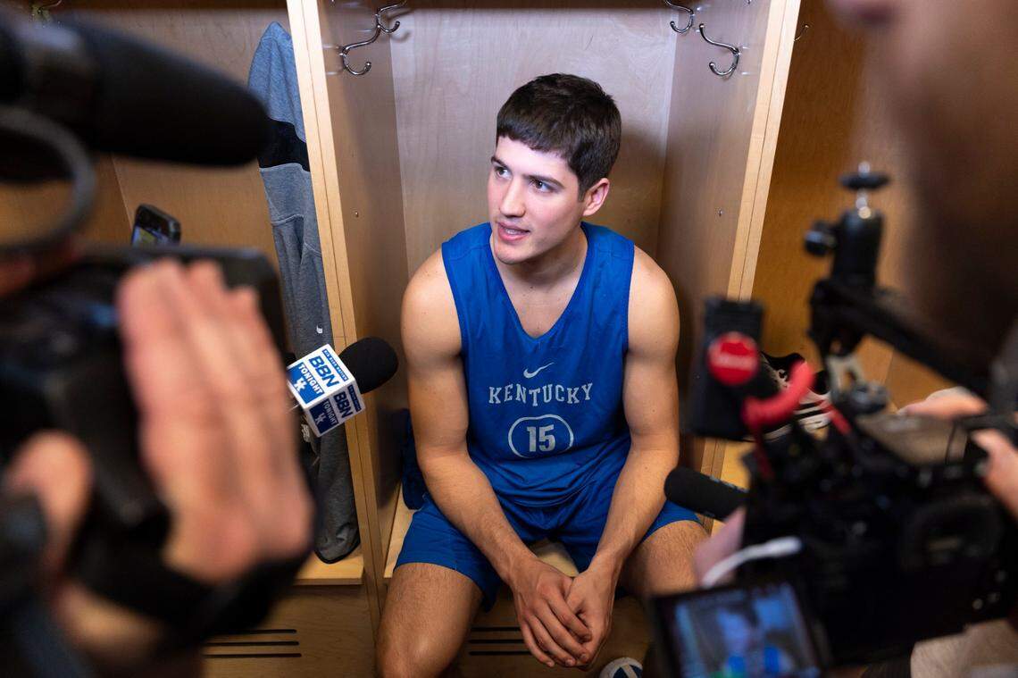Reed Sheppard talks to reporters in Pittsburgh on Wednesday ahead of Kentucky’s first NCAA Tournament game against Oakland.