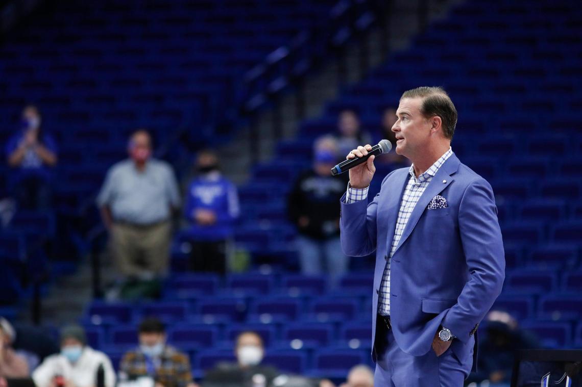 Matthew Mitchell speaks to the crowd during halftime of Thursday night’s game in Rupp Arena.