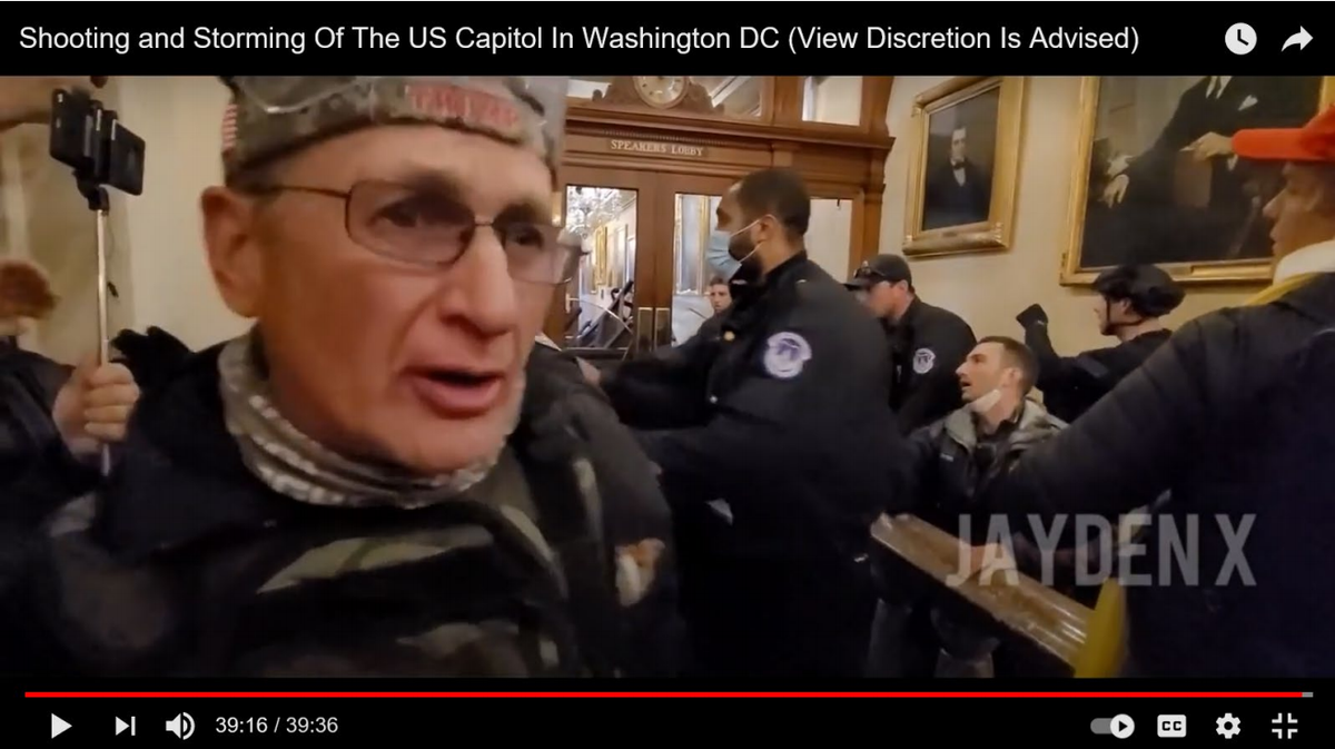 This screen capture of video taken during the Jan. 6 riot in the U.S. Capitol was included in the federal affidavit filed in the case of Kentucky resident Kurt Peterson. Investigators matched the images to Peterson’s drivers license picture, according to court records.
