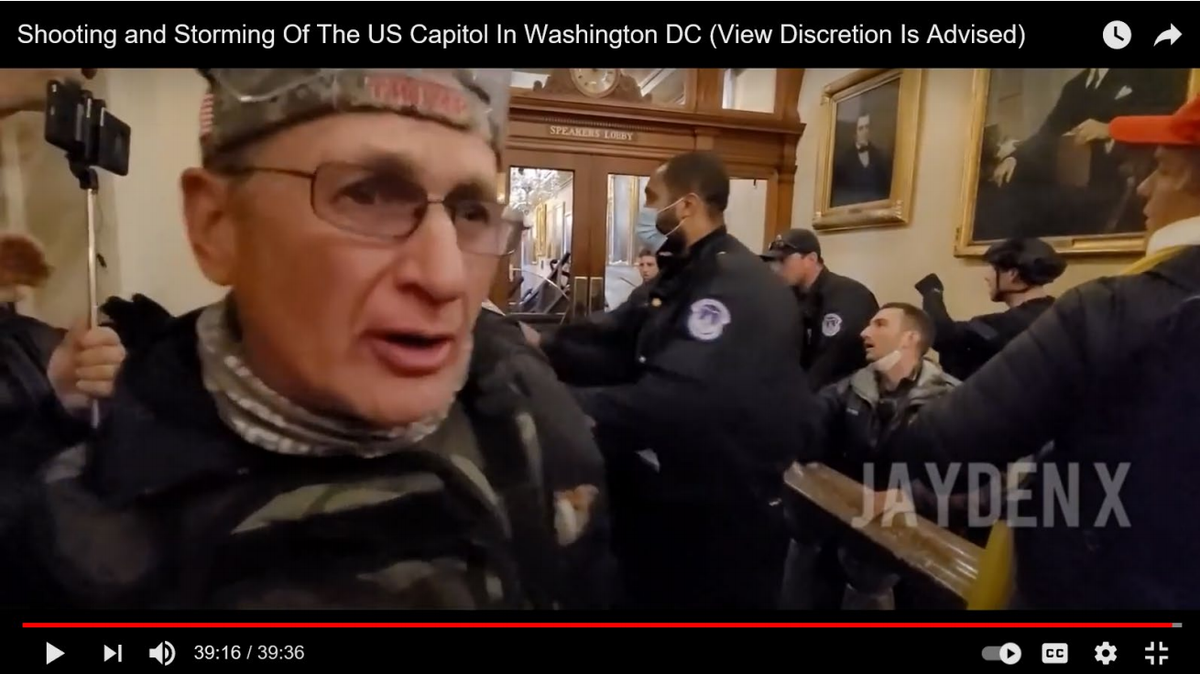 This screen capture of video taken during the Jan. 6 riot in the U.S. Capitol was included in the federal affidavit filed in the case of Kentucky resident Kurt Peterson. Investigators matched the images to Peterson’s driver’s license picture, according to court records.