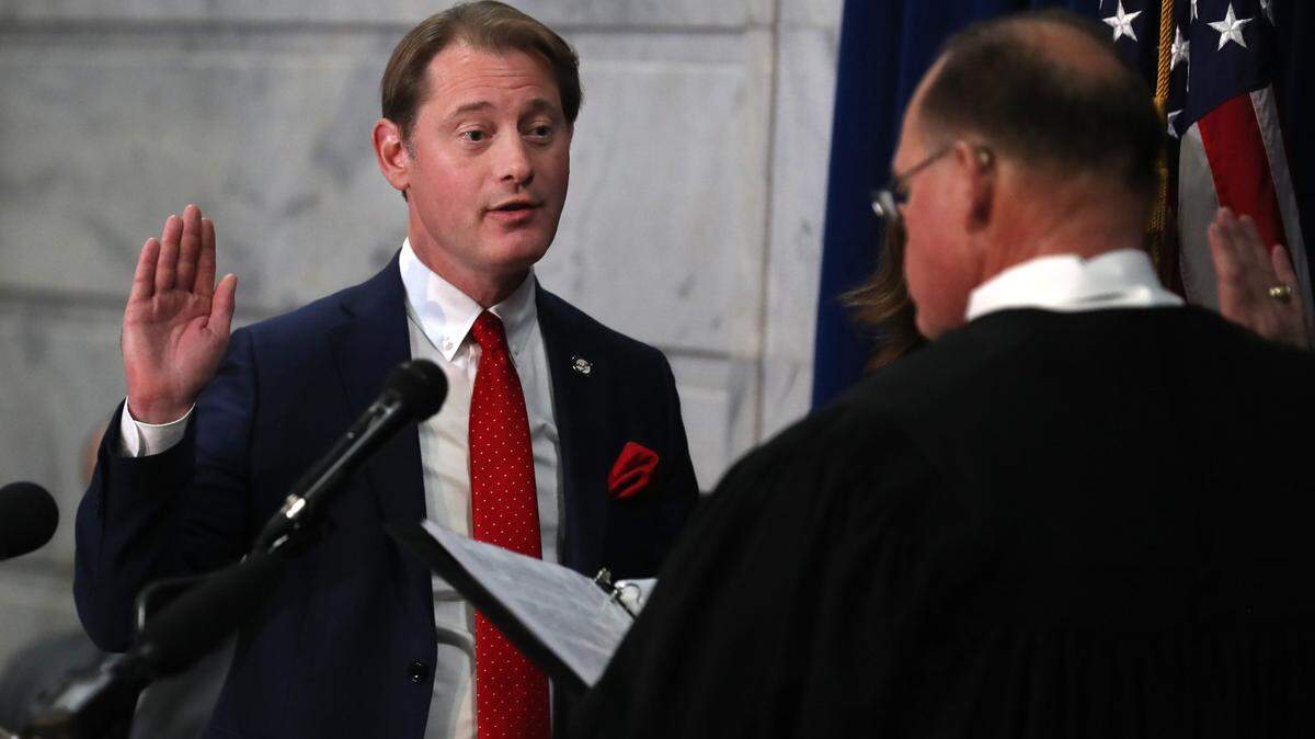 Secretary of State Michael Adams is sworn in by Honorable Christopher Shea Nickell, Justice Supreme Court of Kentucky, at the Swearing-In Ceremony of the Constitutional Officers at the Kentucky Capitol.
Jan. 2, 2024