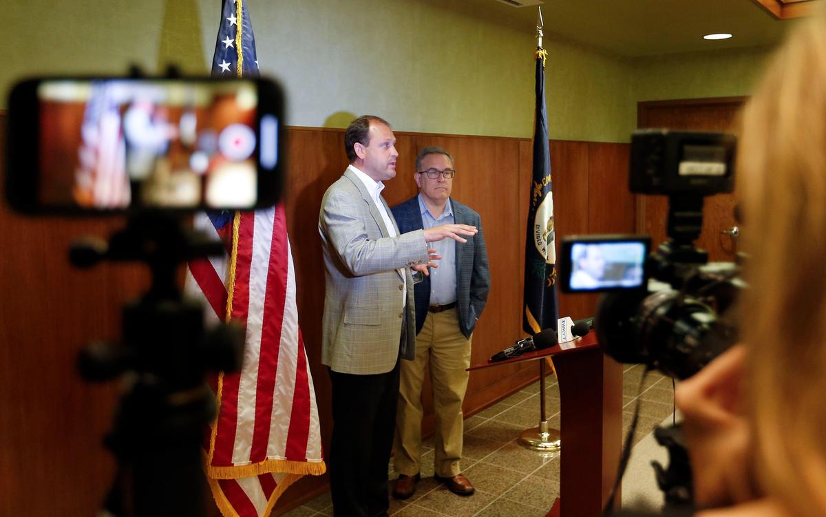 U.S. Rep. Andy Barr, left, and Acting EPA Administrator Andrew Wheeler, right, appeared Friday afternoon at Clark Energy Co-Op headquarters in Winchester, Ky., to talk about the new plan President Trump has to replace the Obama plan for cutting emissions from coal-fired power plants.