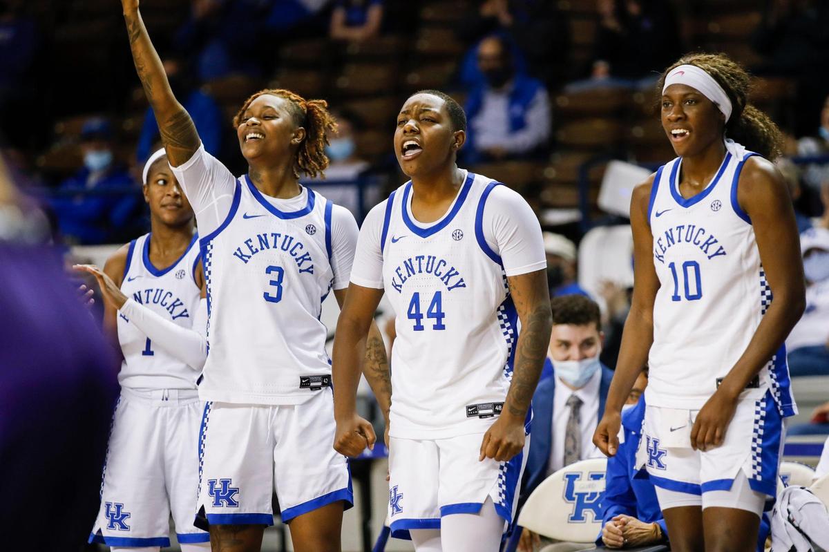 Kentucky’s Dre’una Edwards (44), Rhyne Howard (10) and Jazmine Massengill (3) celebrate during a Kentucky victory. The Wildcats (7-3) have not played since Dec. 19 because of COVID interruptions.