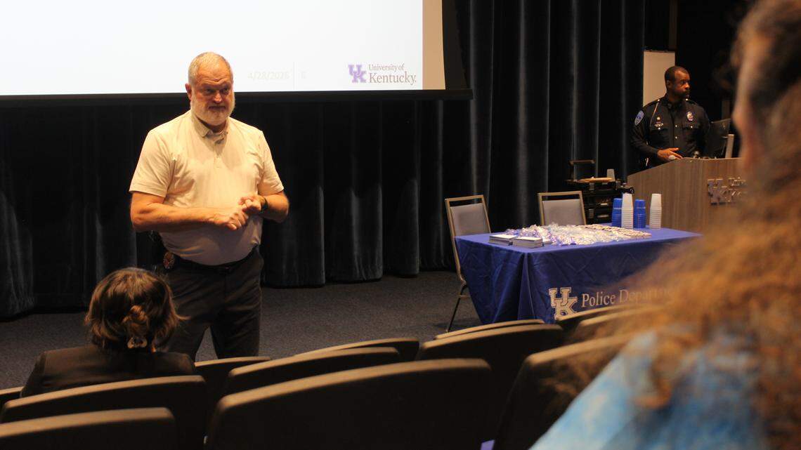 University of Kentucky Police Department Chief Joe Monroe (left) and Ofc. Brandon White teach faculty and students how to respond to active attackers on campus on Tuesday, April 28, 2026.