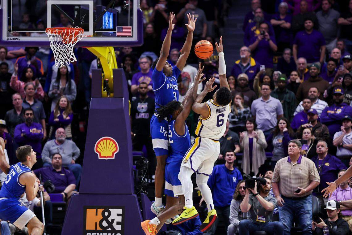 LSU guard Jordan Wright (6) is blocked by Kentucky guard Adou Thiero (3) at the end of Wednesday’s game, but the Tigers’ Tyrell Ward ended up with the ball and made the game-winner.