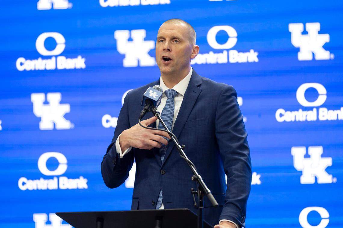 New Kentucky basketball coach Mark Pope speaks during an introductory event at Rupp Arena on April 14.