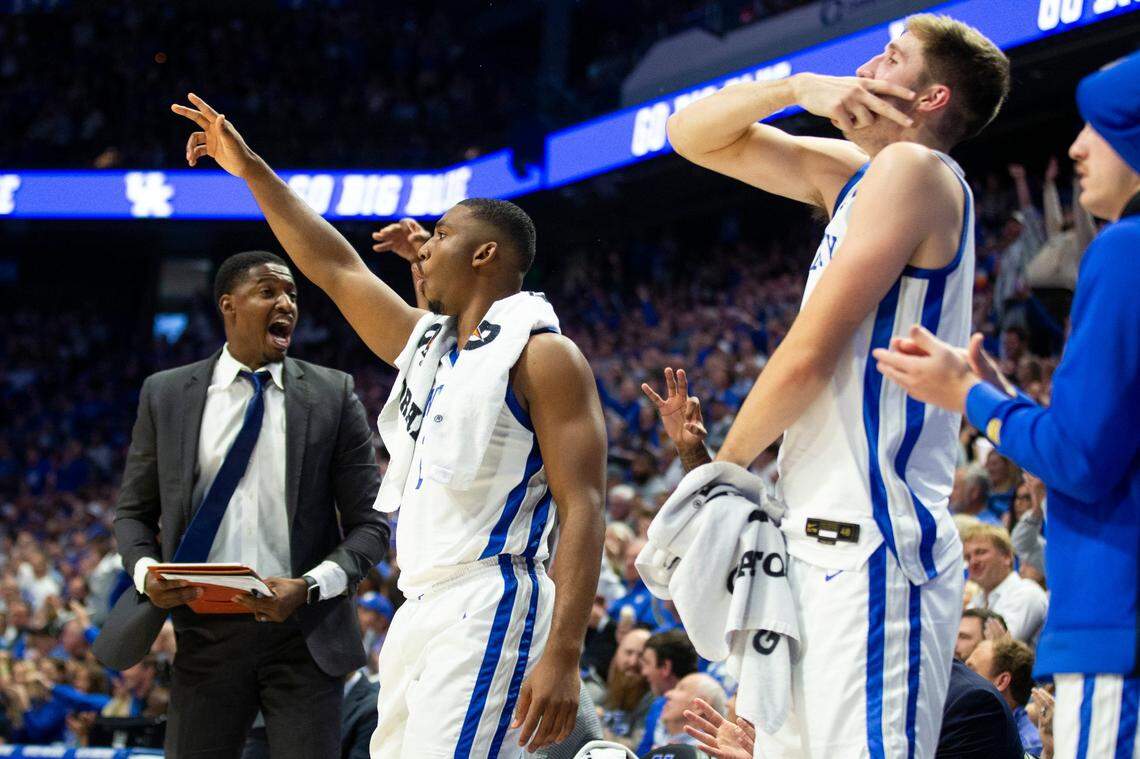 The Kentucky Wildcats bench celebrates after a 3-pointer during Saturday’s game against Bucknell at Rupp Arena.