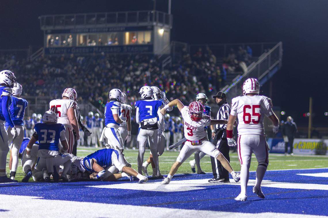 Belfry's Chase Varney (3) reacts during a game against Lexington Christian in Lexington, Ky., on Friday, Nov. 28, 2025.