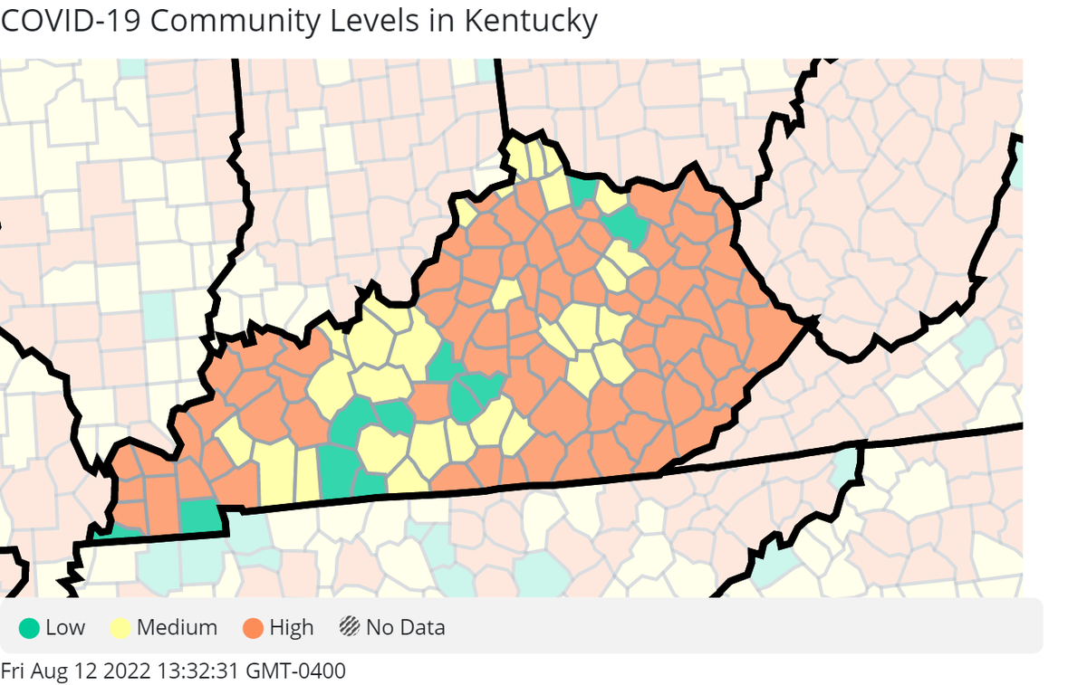 Kentucky's COVID-19 Community Levels as of Thursday, Aug. 11, 2022. The map here shows that there are still about 80 Kentucky counties in the red zone for high COVID-19 community levels, meaning people in those areas should mask up in public, according to CDC recommendations. 