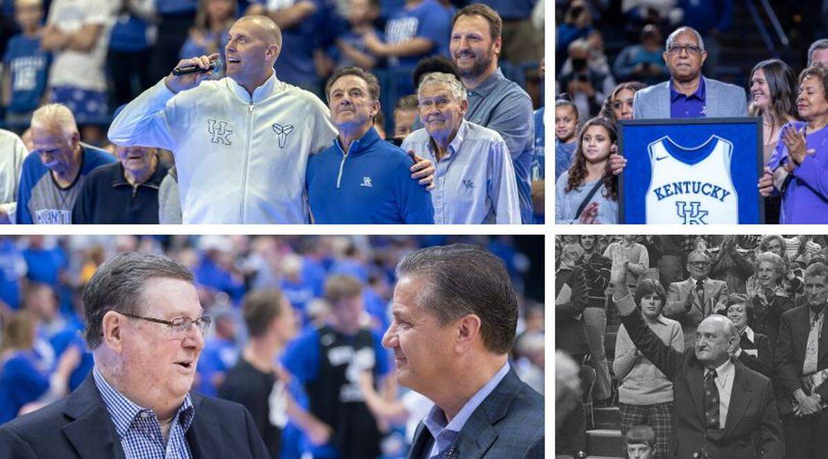 Clockwise from top left: Mark Pope and Rick Pitino at Big Blue Madness last year, Tubby Smith at his jersey retirement ceremony, Adolph Rupp attending the first game in Rupp Arena, and John Calipari and Joe B. Hall on the Rupp court before a game.