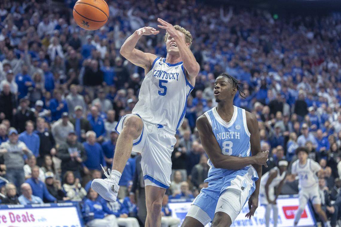 Kentucky guard Collin Chandler lost the ball while attempting to go up for a shot in UK’s 67-64 loss to North Carolina in the ACC/SEC Challenge at Rupp Arena. The Wildcats ended the game missing 14 of their final 16 shot attempts.