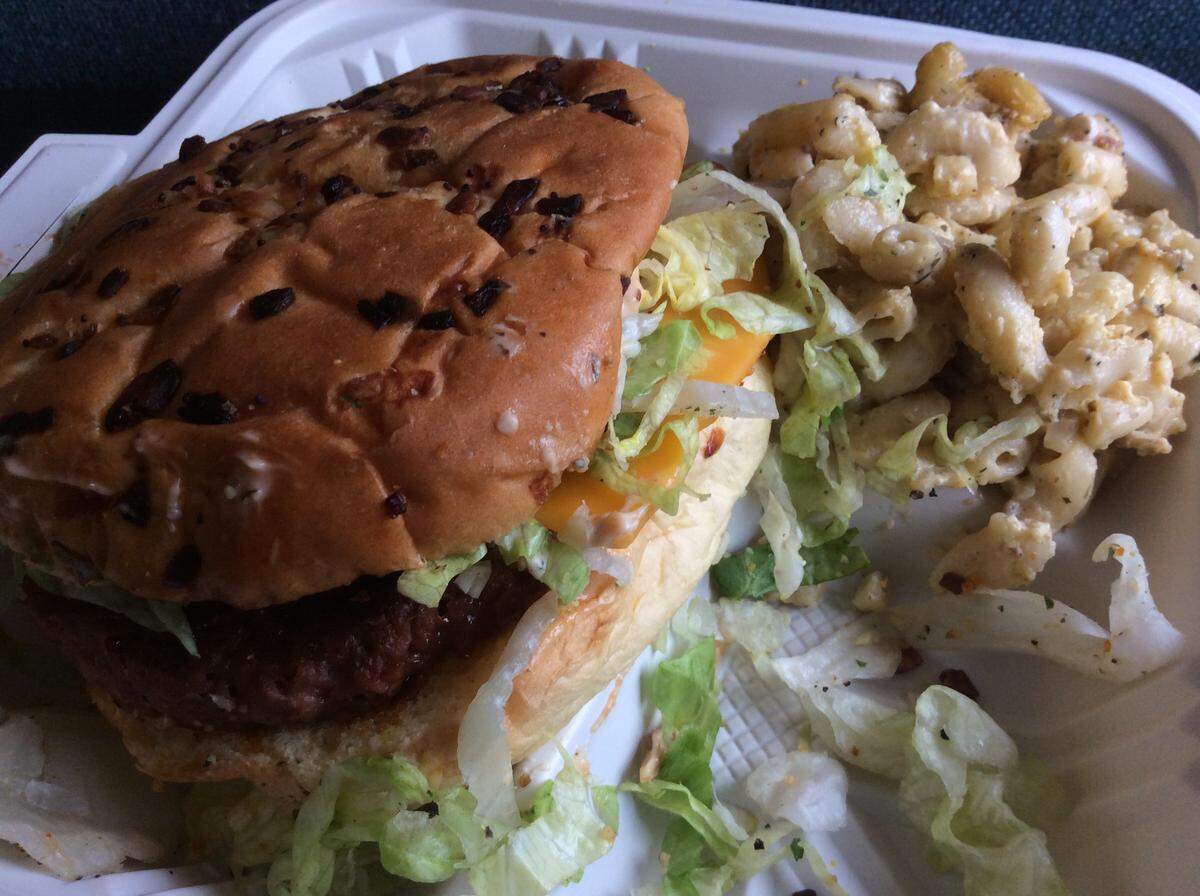A burger and a side of macaroni and cheese from Not Your Ordinary Vegan Cafe, which is open Thursday, Friday and Saturday at 1313 North Limestone, behind the Grace Church. The restaurant serves brunch on Saturday. Check their Facebook page for specials.