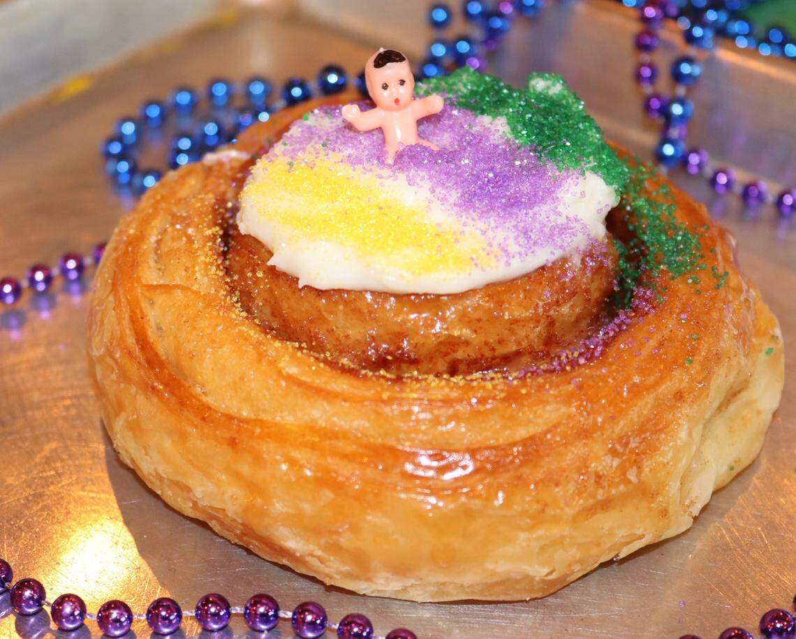 DV8 Kitchen will have King Cake cinnamon rolls with Mardi Gras icing through Fat Tuesday.
