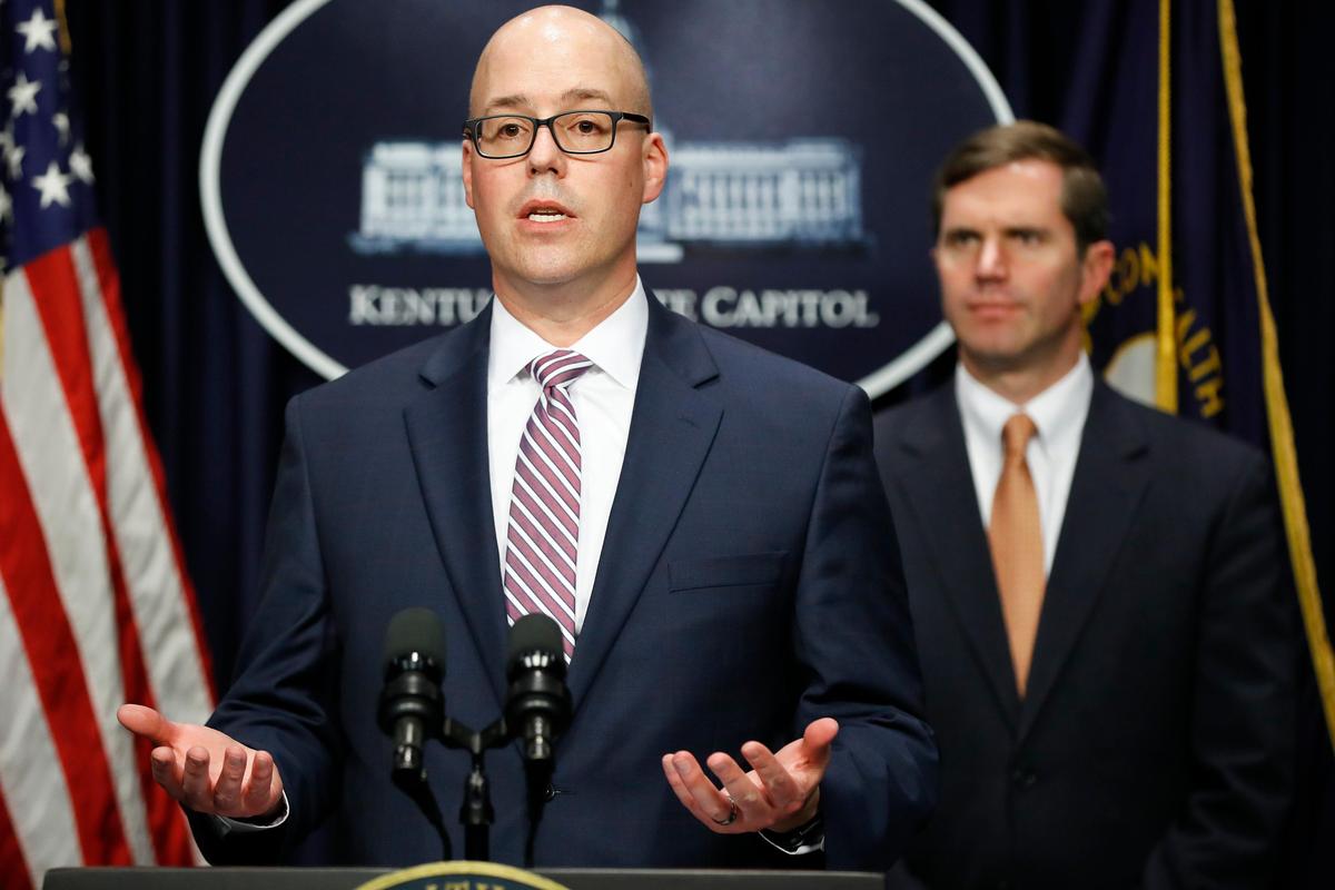 Kentucky Department for Public Health Commissioner Dr. Steven Stack speaks during a news conference on COVID-19 or coronavirus at the state Capitol in Frankfort, Ky., Thursday March 5, 2020.