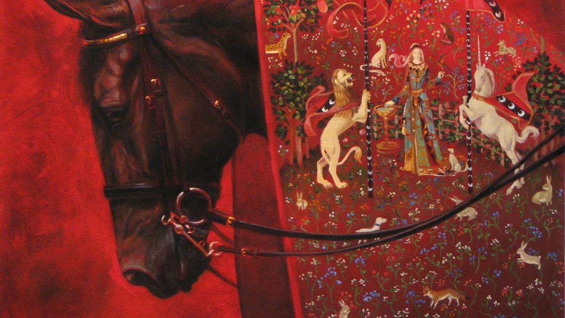 The Red Tapestry is part of the exhibit by Jaime Corum at New Editions Gallery.