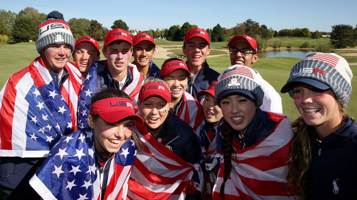 Team USA, including Bowling Green native Canon Claycomb (top left), celebrated winning the Junior Ryder Cup on Tuesday.