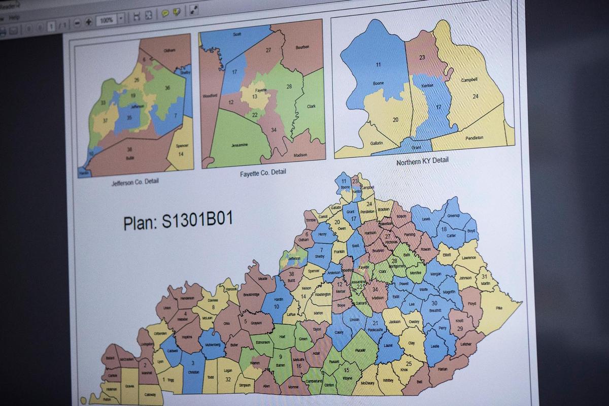 Maps for bills 22RS SB 2 and 22RS SB 3 concerning redistricting are presented during the Senate standing committee on state and local government before the second day the Kentucky General Assembly returned for its 60-workday 2022 session at the Capitol in Frankfort, Ky., Wednesday, January 5, 2022.