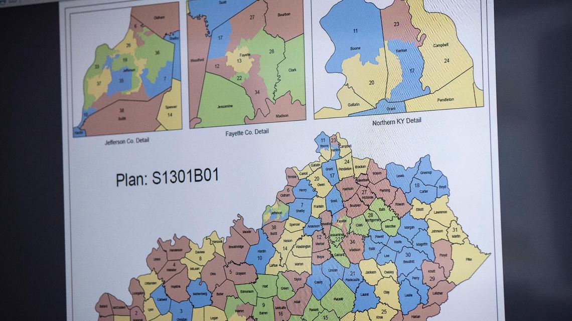 Maps for bills 22RS SB 2 and 22RS SB 3 concerning redistricting are presented during the Senate standing committee on state and local government during the second day the Kentucky General Assembly.