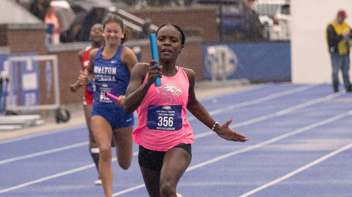 Lexington Christian's Mahari Crump (#356) crosses the finish line in the girls 4x100 meter relay during the KHSAA Class A State Track and Field Championships at the University of Kentucky Outdoor Track and Field Complex in Lexington on May 21, 2026.