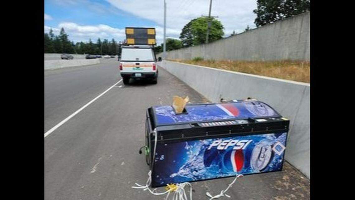 What happened to this Pepsi vending machine? Washington State Department of Transportation officials say it appeared on Interstate 5, then vanished.