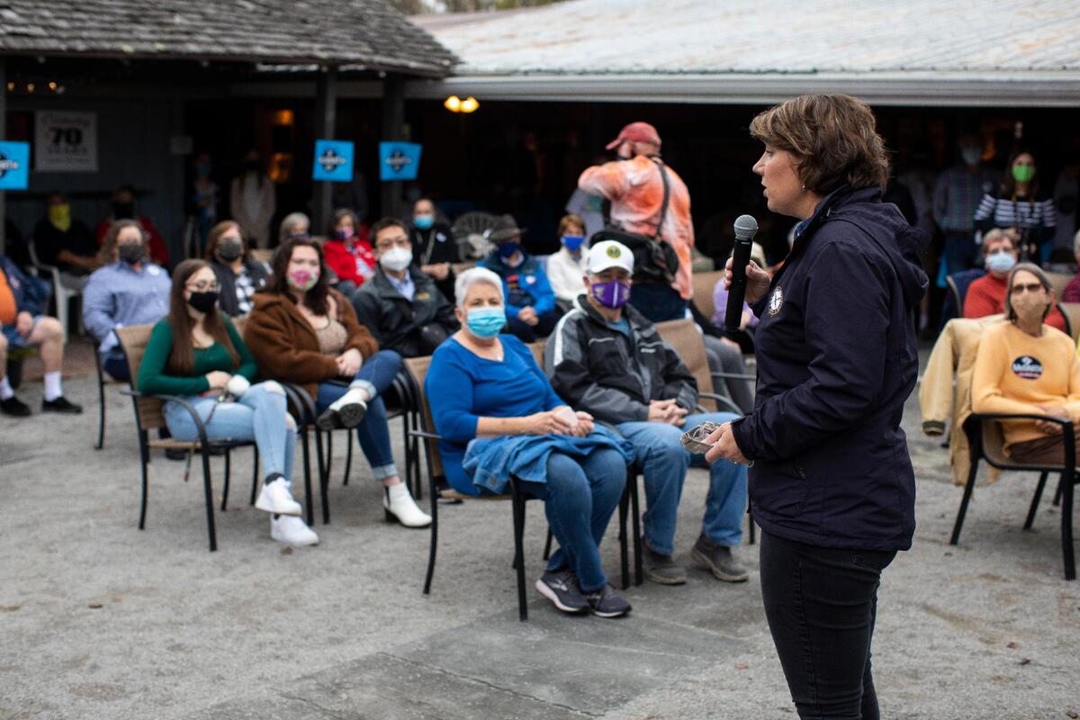 Democratic senate candidate Amy McGrath speaks during a campaign event at the Pioneer Playhouse in Danville, Ky., Wednesday, October 28, 2020. About 150 people attended the outdoor event.