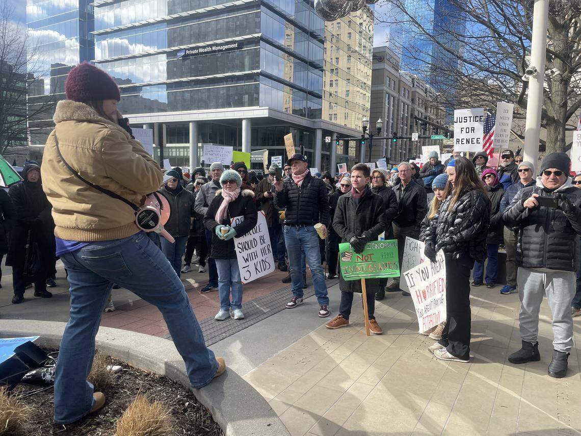 People gather outside of the Fayette County Courthouse Jan. 11, 2026, and chant “Abolish Ice!” at the ICE Out For Good protests in Lexington, one of approximately 1,200 across the country following the Jan. 7 shooting of Minneapolis reisdent Nicole Good by an Immigration and Customs Enforcement agent.