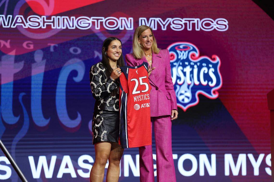 Georgia Amoore poses with WNBA commissioner Cathy Engelbert after being selected with the No. 6 overall pick to the Washington Mystics in the 2025 WNBA draft at The Shed at Hudson Yards in New York on Monday night.