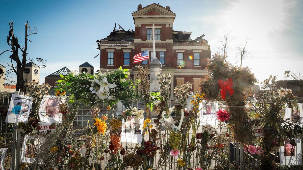 The Graves County Courthouse sits damaged nearly one month after a series of deadly tornadoes ripped through the region in Mayfield, Ky., Wednesday, Jan. 5, 2022.