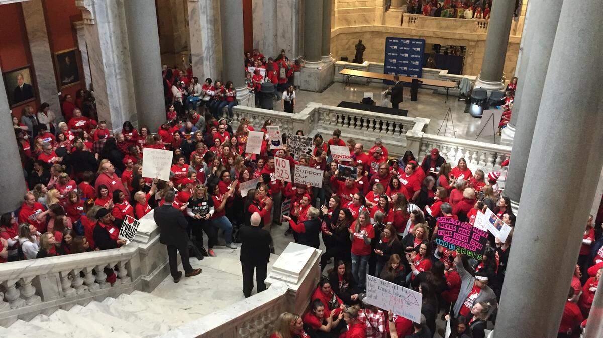 Louisville teachers gathered in March 2019 in the state Capitol where they were interested in legislation lawmakers were considering. Jefferson County schools were closed that day in a sickout staged by teachers.