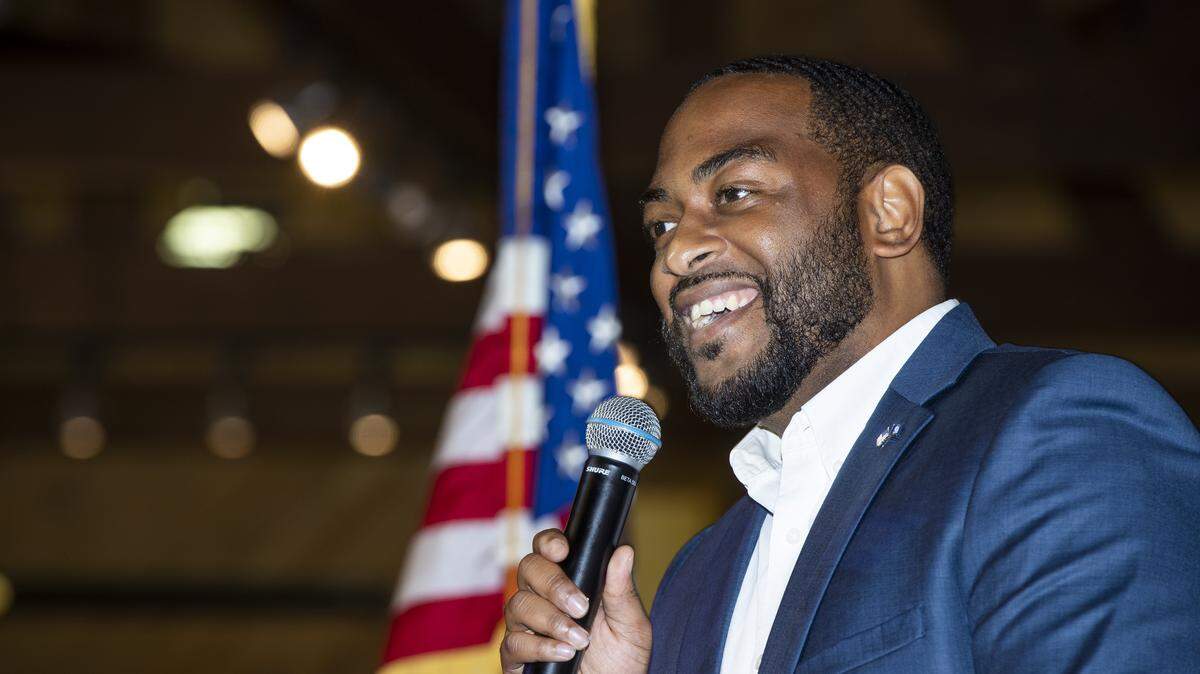 Charles Booker spoke at the 25th annual Marshall County Democrats bean dinner before Fancy Farm in Lexington, Ky., Friday, August 5, 2022.