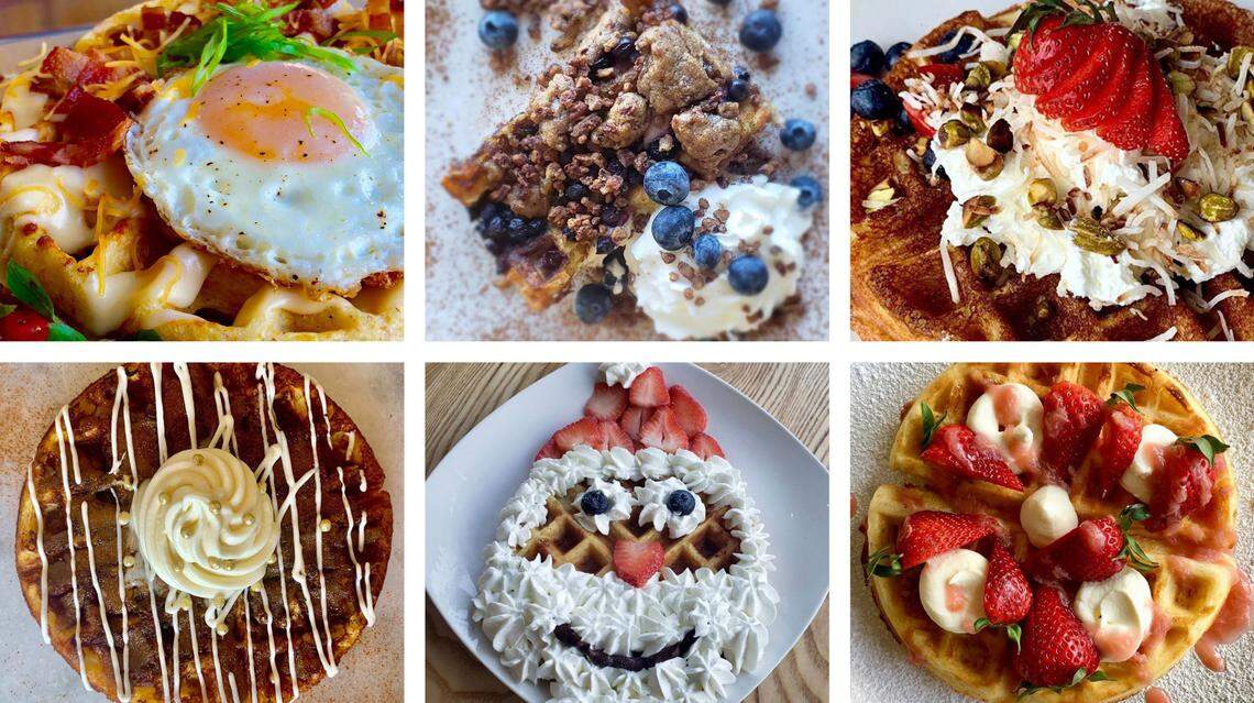 A variety of waffles from Martine’s Pastries, clockwise from top: bacon, egg and bechamel sauce; blueberry streusel casserole; pistachio lime coconut berry; strawberry rhubarb compote lemon cream; Santa shaped cream beard and fresh strawberry hat; and the cinnamon roll waffle.