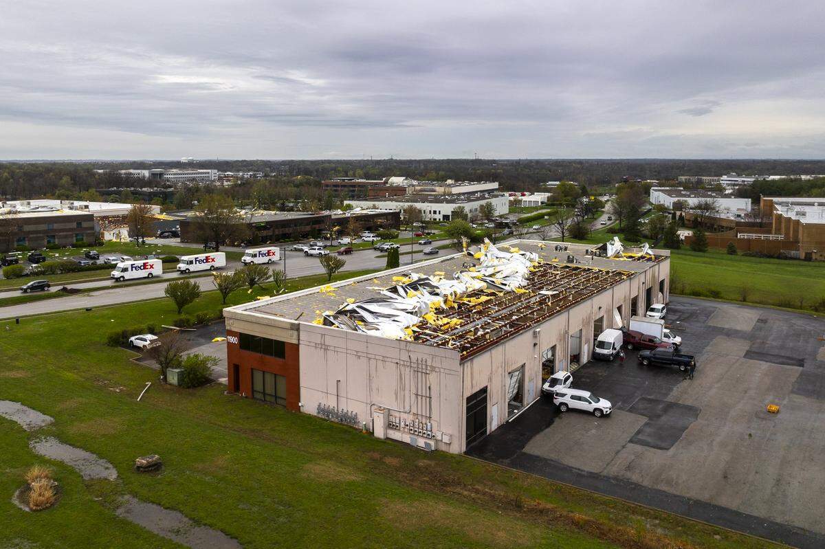 High winds caused significant damage to property near Blankerbaker Parkway and Plantside Drive in Louisville, Ky., overnight Wednesday, April 2 to Thursday April 3, 2025.