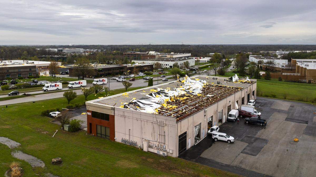 High winds caused significant damage to property near Blankerbaker Parkway and Plantside Drive in Louisville, Ky., overnight Wednesday, April 2 to Thursday April 3, 2025.