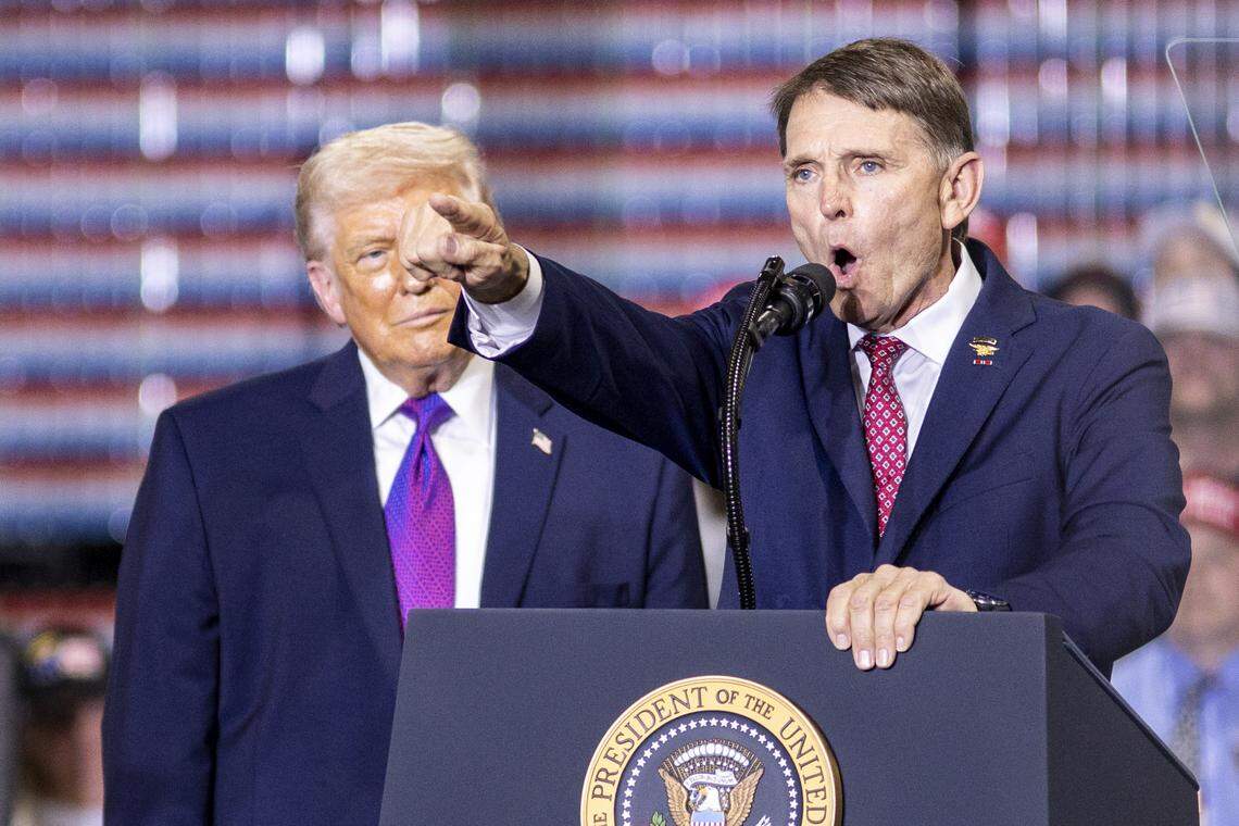 Congressional candidate Ed Gallrein speaks during President Donald Trump’s visit to Verst Logistics in Hebron, Kentucky, on Wednesday, March 11, 2026.