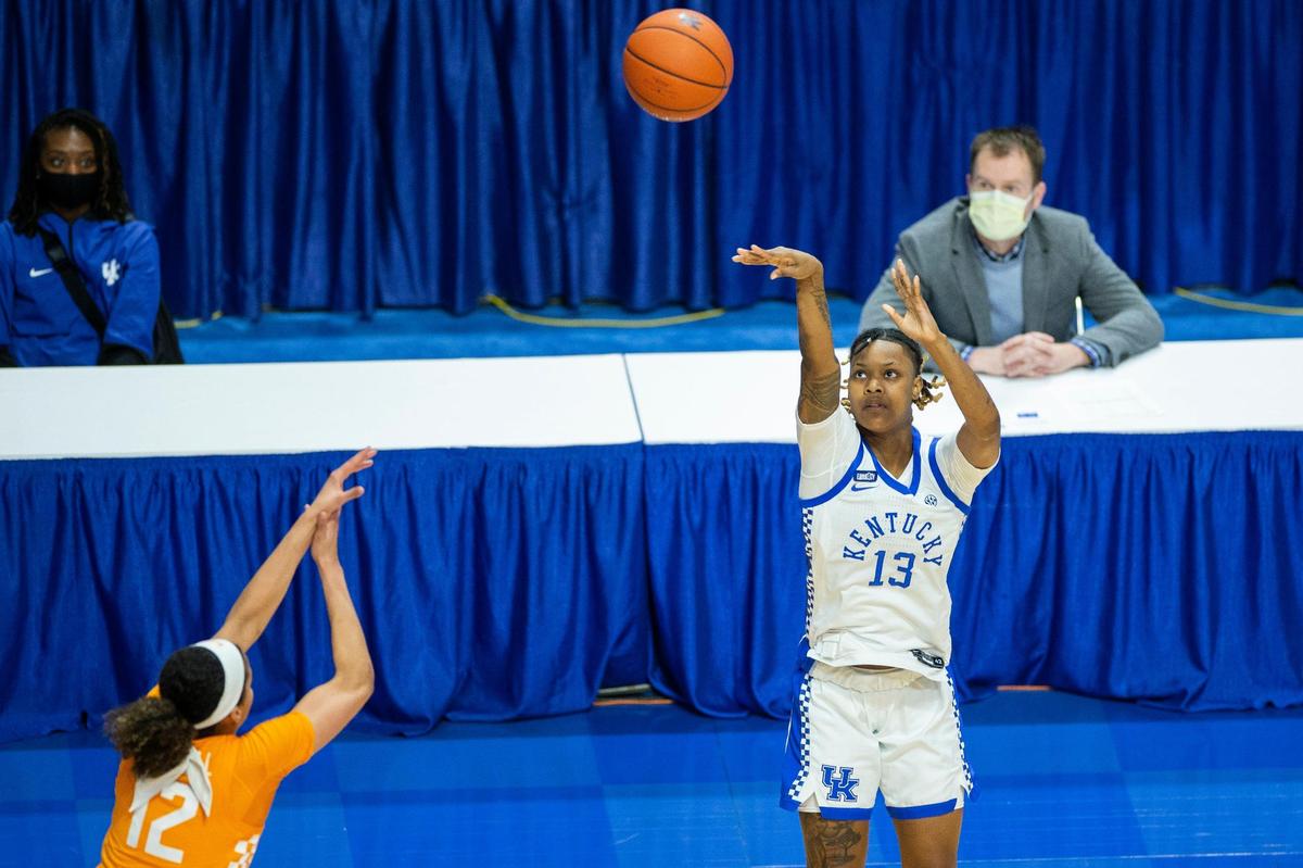 Jazmine Massengill (13) put up a three-point shot over Tennessee’s Rae Burrell (12) during the second half. Massengill said she learned she was going to start during the team’s shootaround.