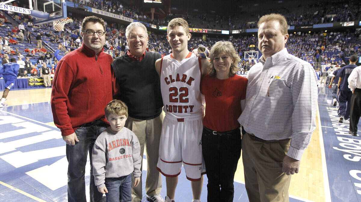 From left, Chris Martin, Will Martin, Wayne Martin, Michael Martin, Kathy Goins Martin and Mike Goins met on familiar ground Wednesday. Chris, Wayne, Michael and Kathy have all made the state tournament, and Goins has refereed it.