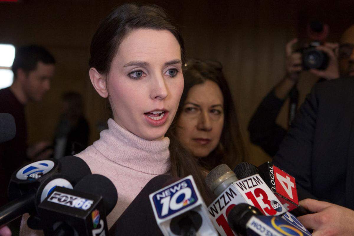 Rachael Denhollander addressed the media after the final phase of sentencing of former Michigan State University and USA Gymnastics doctor Larry Nassar in Eaton County Circuit Court on Feb. 5, 2018, in Charlotte, Mich.