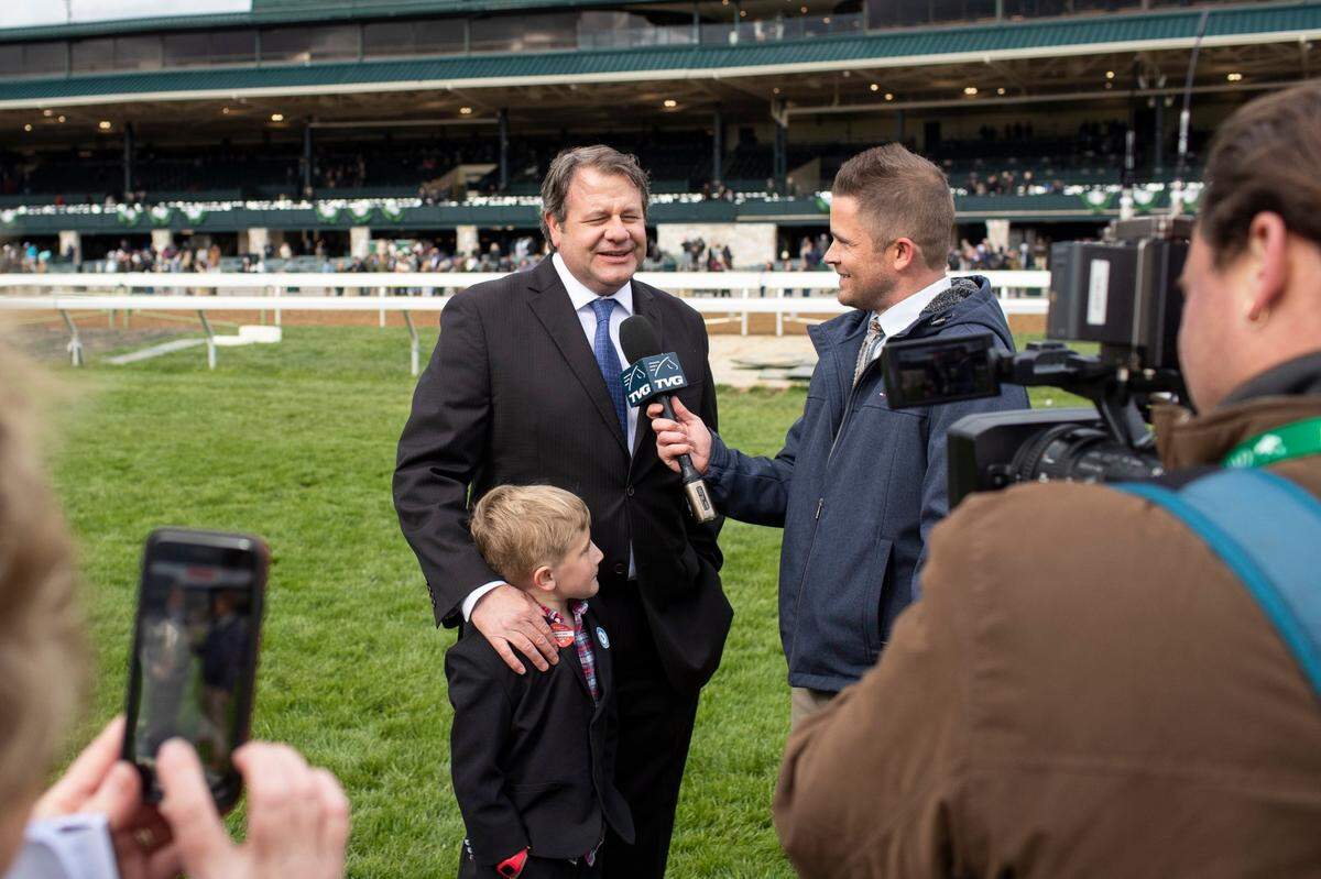 Jeff Drown, owner of Bluegrass Stakes winner Zandon, speaks with reporters after the race Saturday at Keeneland.
