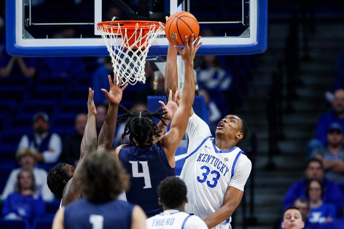 Kentucky forward Ugonna Onyenso (33) blocks a shot against North Florida during a game at Rupp Arena on Nov. 23, 2022. Onyenso is still yet to play for UK during the 2023-24 season.