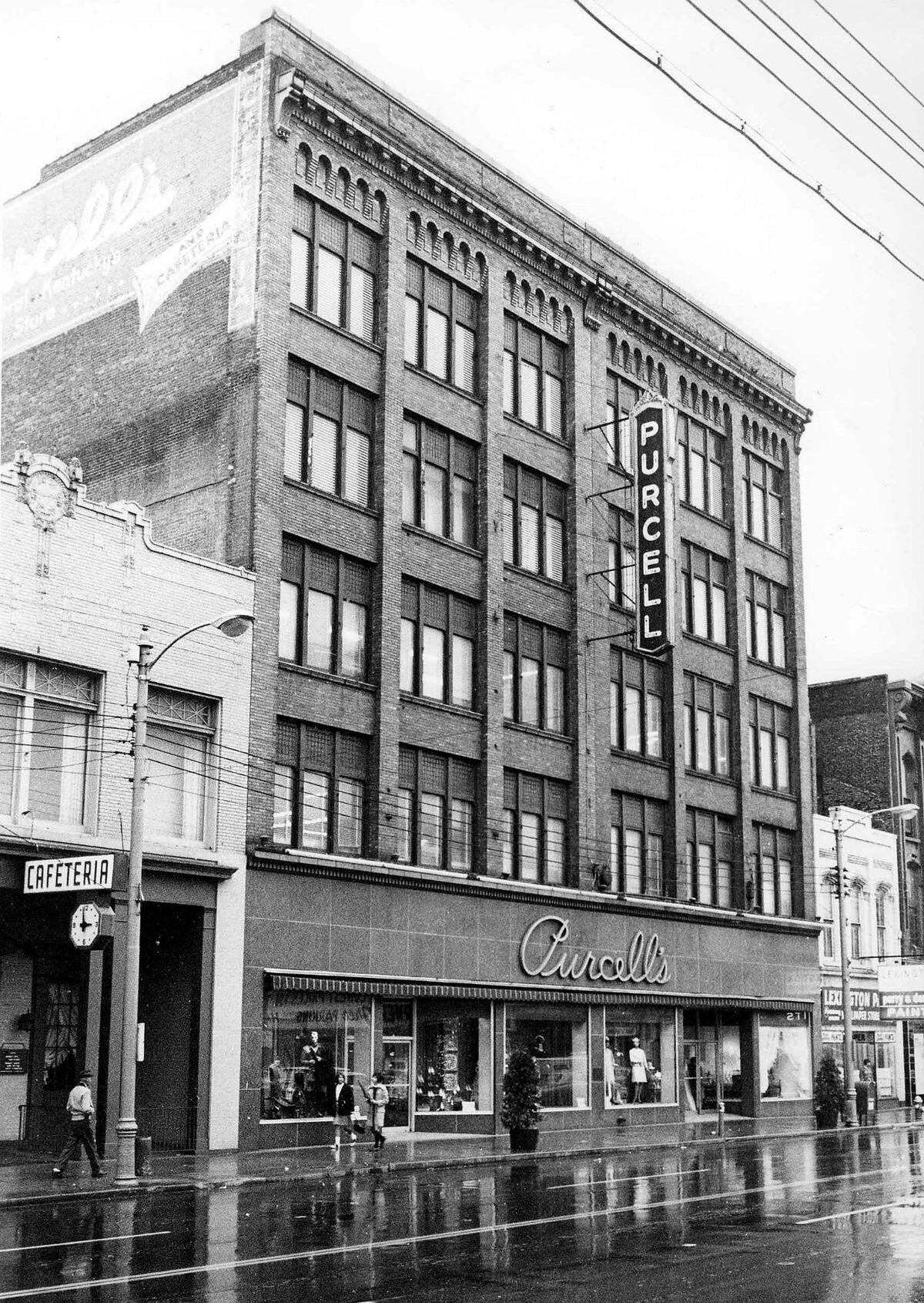 Purcell’s department store in downtown Lexington at 320 W. Main St., Nov. 5, 1967. Purcell’s, which opened in 1887 as a 5-and-10 called the Racket Store, originally was located on the north side of West Main Street. In 1923, its founder, Jefferson Davis Purcell, bought property on the south side at this location and it was later enlarged. In its heyday, during the 1940s and ’50s, Purcell’s was not only one of Lexington’s busiest, but one of its most colorful department stores. Customers often bypassed the crowded elevator so they would not miss anything on display in the store’s 22 departments. It was one of the first in the city to have a live Santa Claus and strolling carolers at Christmas. At one time, the store carried 75,000 charge accounts, said Stanhope Wiedemann, president and CEO of the department store his grandfather founded. Among the many promotions it sponsored were embroidery and meat-carving schools and a table-setting contest. In 1951, at the request of a Lexington man, employees boxed the man up in a crate and delivered him, engagement ring in hand, to his girlfriend’s home. Yes, she accepted his proposal. In 1970, after several stores left downtown, Purcell’s closed. The building was razed in 1980 to make way for the $50 million Vine Plaza, which today includes the Hilton Lexington Downtown Hotel and parking garage.