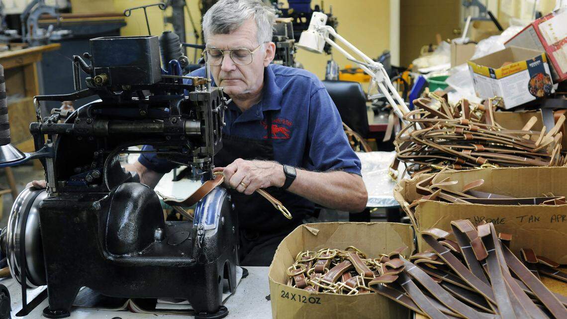 In the basement workshop of Quillin Leather & Tack, Wayne Sterling sewed one of the 17,000 horse halters the company makes each year. It also produces thousands of other items in an old house in Paris that houses the entire operation, including a showroom.  