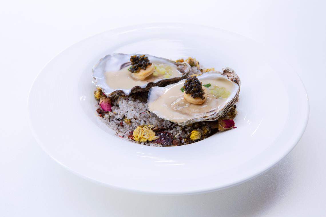 Kelsey’s second course: Warm vichyssoise in oyster shells, with a tiny cheese biscuit between a raw oyster and a dab of caviar. This was what one judge called one of the best dishes he’d had all year.