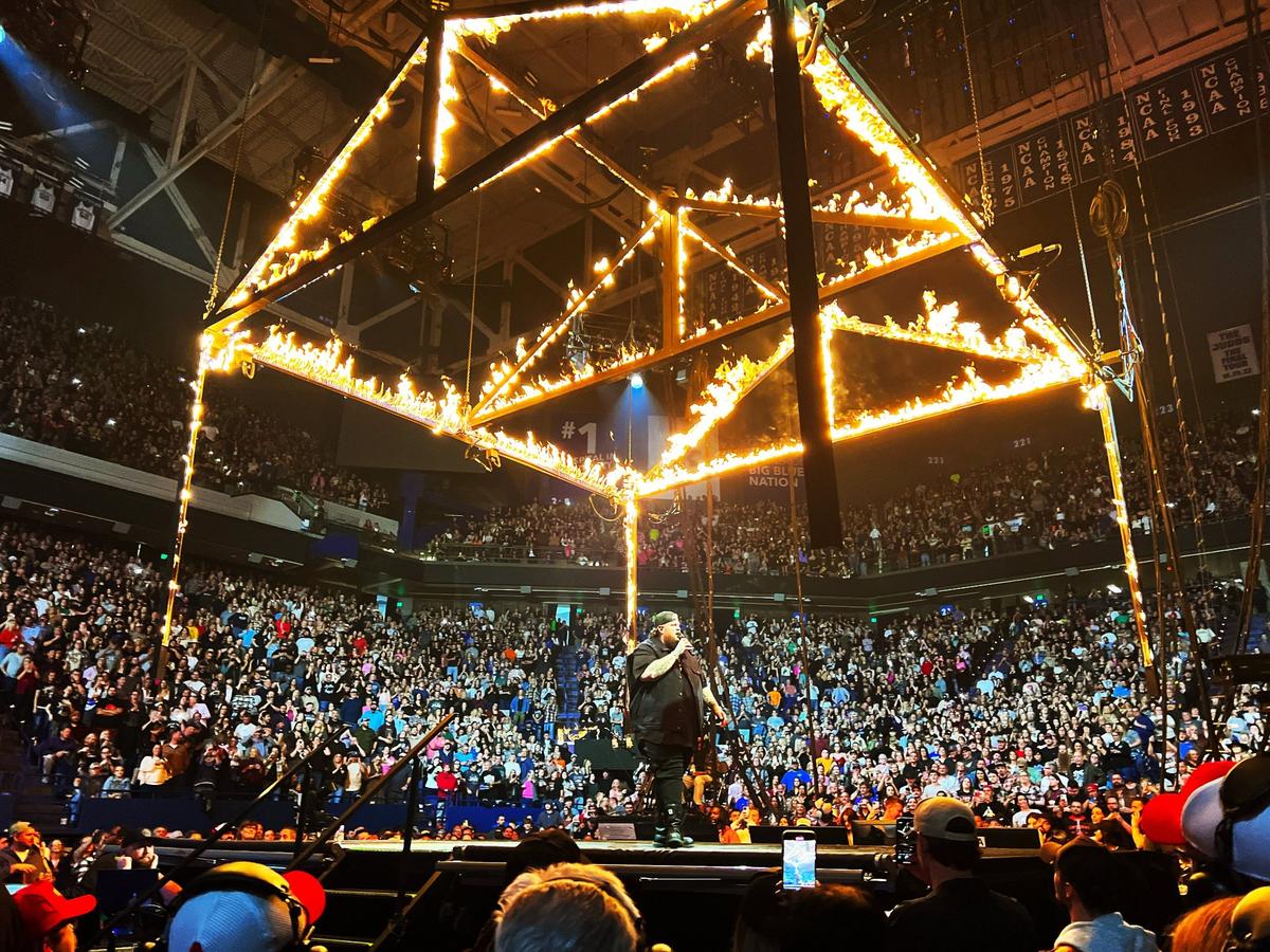 Pyrotechnics mimic a house burning as singer, rapper, and songwriter Jelly Roll sang performance at Rupp Arena on November 8, 2024, in Lexington, Ky.