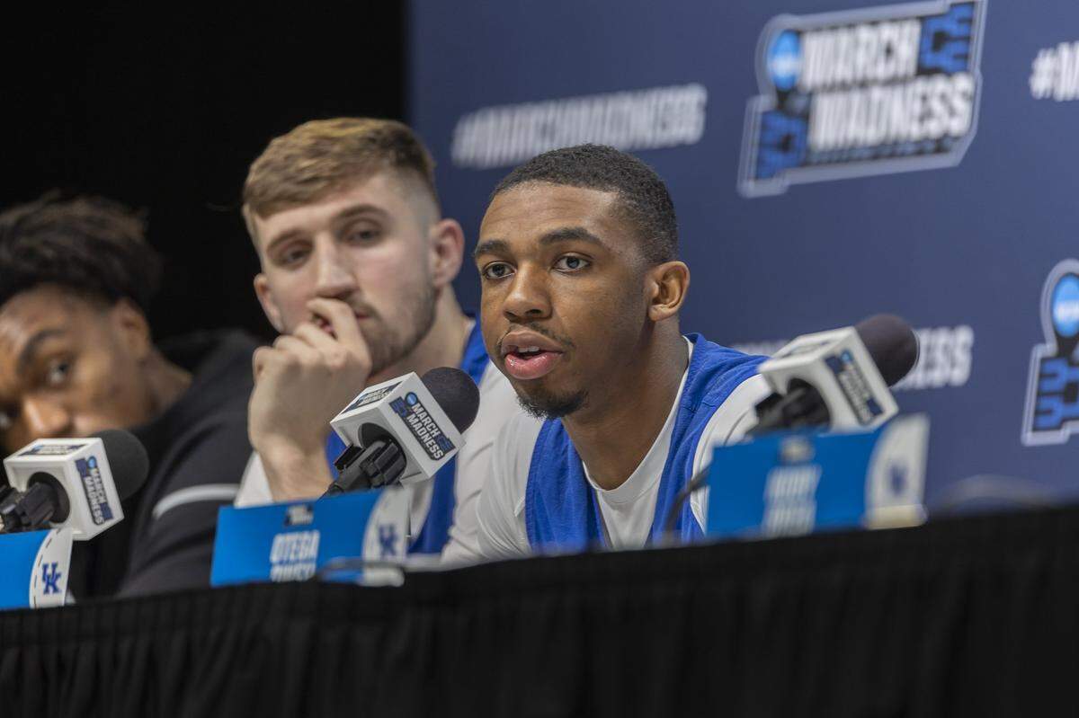 Kentucky guard Lamont Butler talks to reporters at Fiserv Forum in Milwaukee, where the Wildcats are playing in the NCAA Tournament.