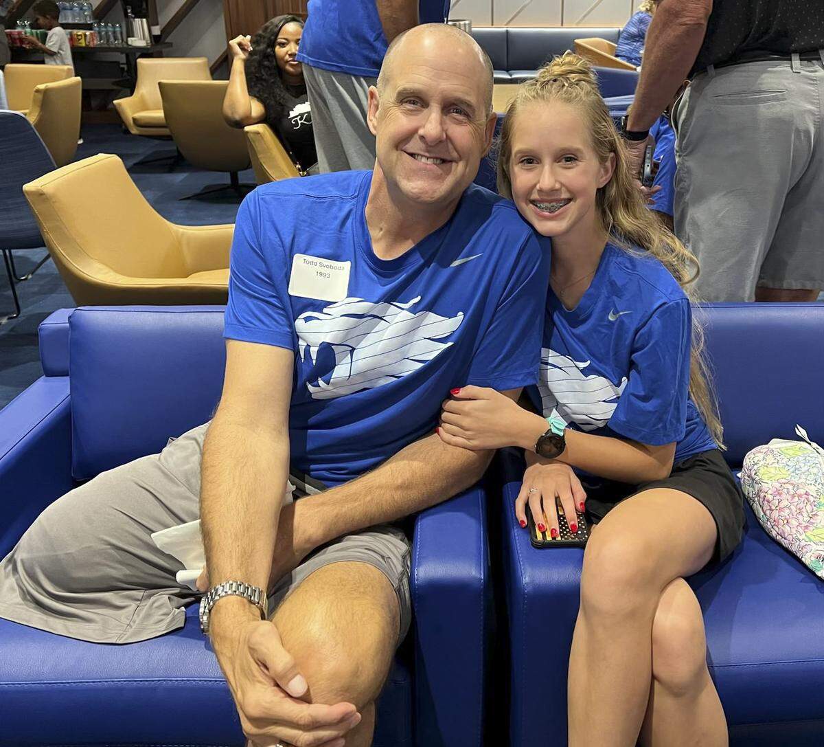 In a surgery performed on July 11, former Kentucky men’s basketball player Todd Svoboda, left, had his right leg amputated above the knee. He is pictured with his daughter, Eliana, 14.