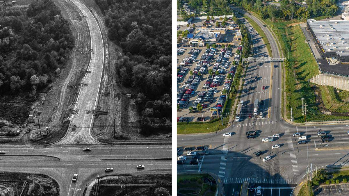 The intersection of Lexington’s Man o’ War Boulevard, running top to bottom, and Richmond Road in October 1982 at left, and in October 2022 at right.  