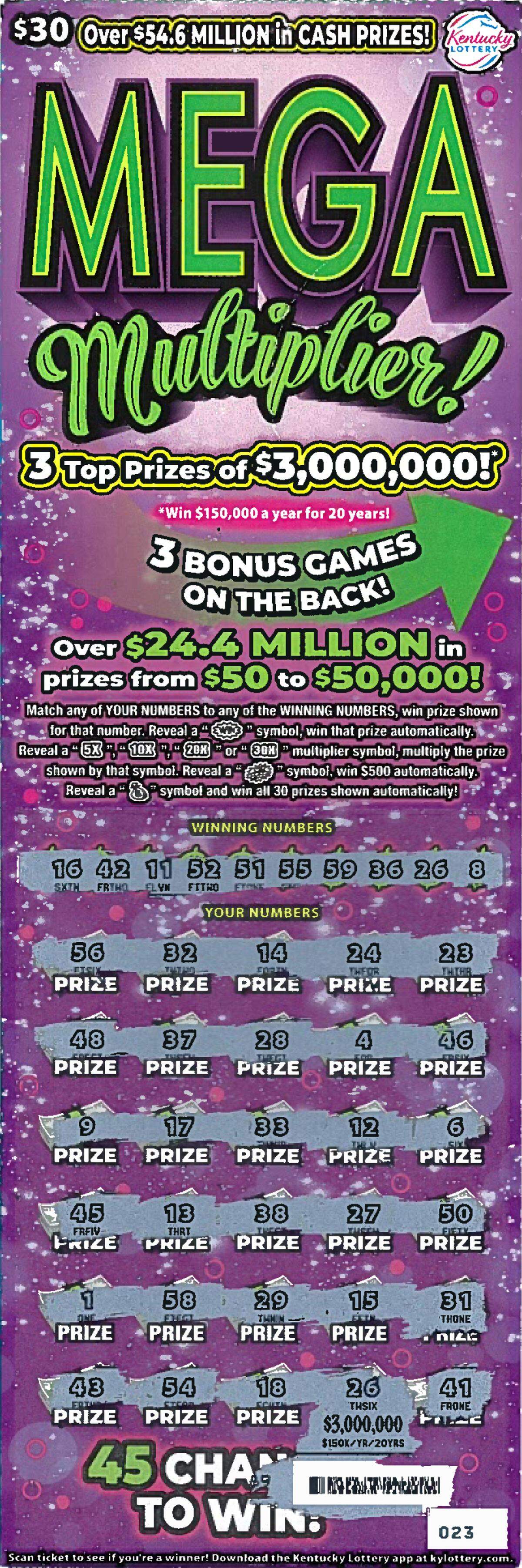 This Mega Multiplier scratch-off ticket recently won a Booneville, Ky., man $3M, according to a Tuesday release from Kentucky Lottery.